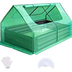 Quictent 49’’x37’’x36’’ Extra-Thick Galvanized Steel Raised Garden Bed Planter Kit Box with Greenhouse 2 Large Zipper Windows Dual Use, 20pcs T-Types Tags & 1 Pair of Gloves Included (Green)