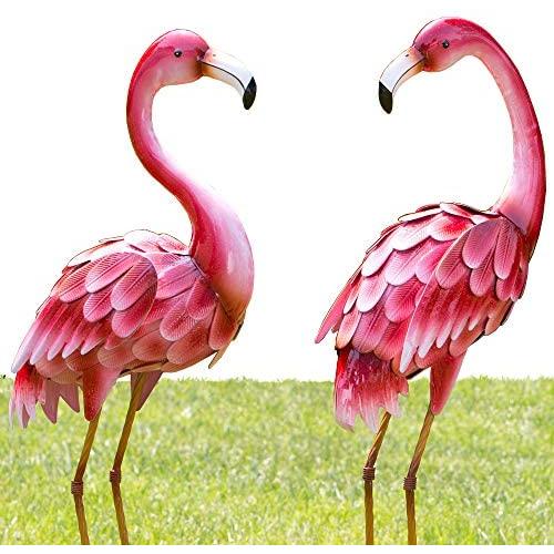 Bits and Pieces - Set of Two (2) 35 ½” Tall Metal Flamingo Garden Statues - Durable Outdoor Sculptures Make Great Home Décor