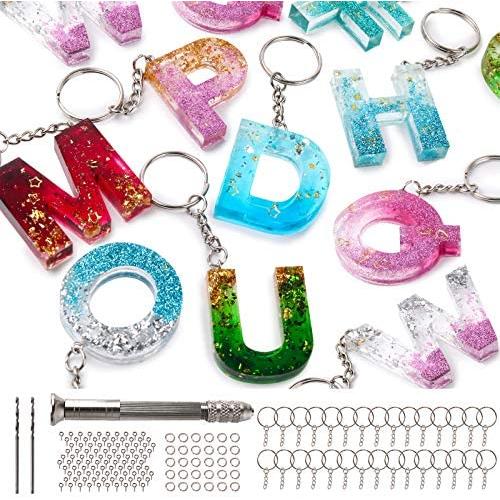 Mocoosy 134Pcs Silicone Alphabet Resin Molds Kit Backward Letter Number Silicone Mold Epoxy Resin Casting Molds Keychain Making Set with 1 Hand Drill 2 Drill Bits 30 Key Rings 100 Screw Pins