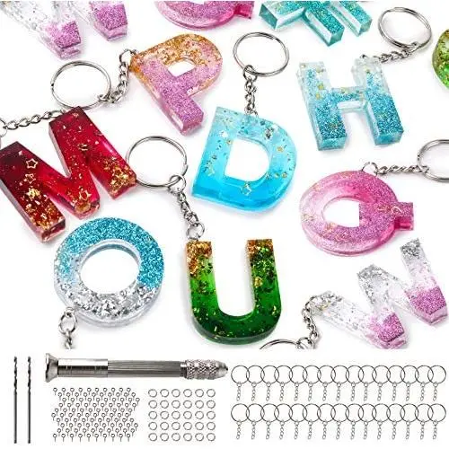 Mocoosy 134Pcs Silicone Alphabet Resin Molds Kit Backward Letter Number Silicone Mold Epoxy Resin Casting Molds Keychain Making Set with 1 Hand Drill 2 Drill Bits 30 Key Rings 100 Screw Pins
