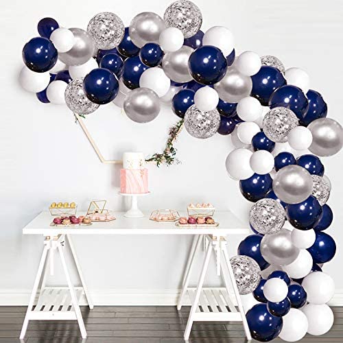 Silver Blue Balloons Garland Kit, 120 pcs Navy Blue and Silver Confetti White Balloons Arch with 16ft Tape Strip & Dot Glue for Party Wedding Birthday DIY Decoration