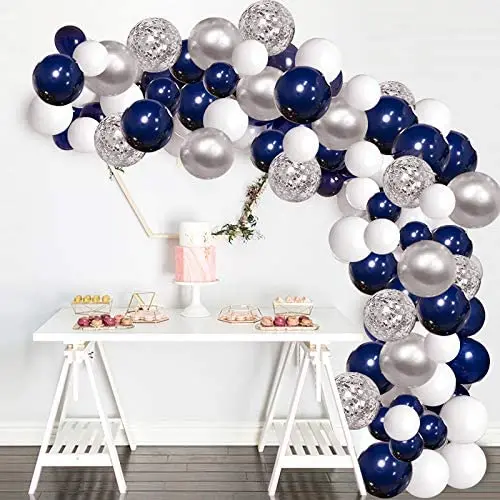 Silver Blue Balloons Garland Kit, 120 pcs Navy Blue and Silver Confetti White Balloons Arch with 16ft Tape Strip & Dot Glue for Party Wedding Birthday DIY Decoration Silver Blue Balloons Garland Kit, 120 pcs Navy Blue and Silver Confetti White Balloons Arch with 16ft Tape Strip & Dot Glue for Party Wedding Birthday DIY Decoration