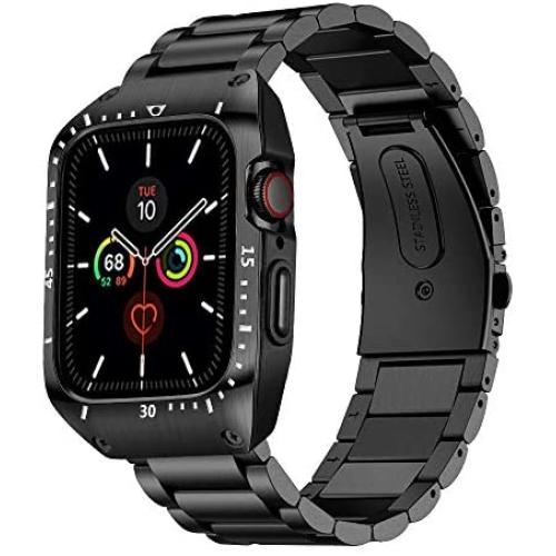 HATALKIN Compatible with Apple Watch Series 6 5 4 44mm Band with Metal Bumper Case,Rugged Men Bands for Apple Watch SE/iWatch 6 5 4 44mm Stainless Steel Cases Protector Drop-Proof Shockproof (Black)