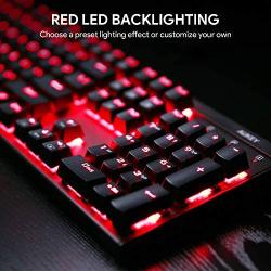 AUKEY Mechanical Keyboard Red Switch Gaming Keyboard with Red Backlit, 104 Keys 100% Anti-ghosting with Metal Top Panel and Water-Resistant Design for PC and Laptop Gamers, Black