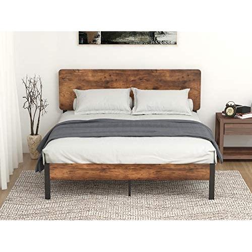 Allewie Queen Size Platform Bed Frame with Wood headboard and Metal slats, Rustic Country Style Mattress Foundation, Box Spring Optional, Strong Metal Slats Support, Easy Assembly