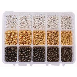 PH PandaHall 2700pcs 3 Color 5 Size Smooth Round Spacer Beads Tiny Metal Beads for Jewelry Making Supplies (Golden, Silver, Antique Bronze)