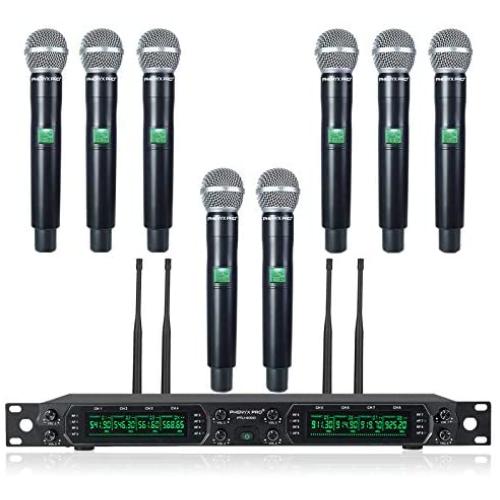 Wireless Microphone System, Phenyx Pro 8-Channel UHF Cordless Mic Set with Eight Handheld Mics, Fixed Frequency, All Metal Build, Long Range 260ft, Ideal for Karaoke,Church,Events (PTU-4000A)