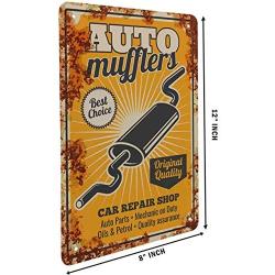 HOSNYE Auto Muffler Tin Sign Car Repair Shop Auto Parts Mechanic on Duty Oils Petrol Vintage Metal Tin Signs for Men Women Wall Art Decor for Home Bars Clubs Cafes 8x12 Inch