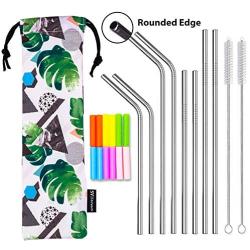 SEIVAN STRAWS Designer Pouch Set of 8 Stainless Steel Reusable Metal Straws with Silicone Tip-Drinking Straws for 30oz 20oz Yeti RTIC Tumbler - 8 Steel Straws, 12 Silicone Tips, 2 Straw Cleaning Brush