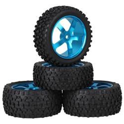 Mxfans Blue Aluminium Alloy 5 Spoke Wheel Rims + Black H Type Rubber Tyres Tires for RC 1:10 Off Road Car Buggy Upgrade Parts Pack of 4