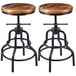 Vintage Industrial Bar Stool-Rustic Swivel Bar Stool-Round Wood Metal Stool-Kitchen Counter Height Adjustable Pipe Stool-Cast Steel Stool 20-27 Inch (Set of 2)