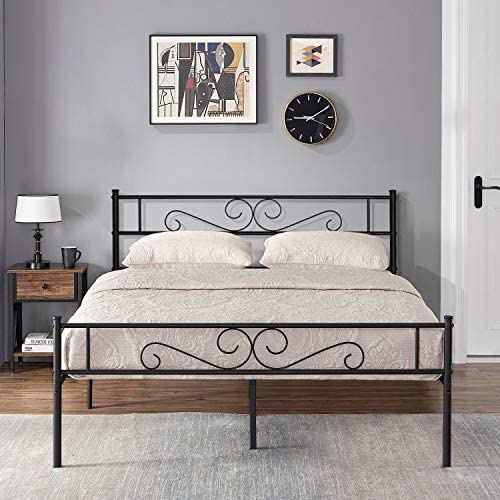 VECELO Bed Frame/Mattress Foundation with Vintage Headboard & Footboard, Easy Assembly, Queen, Black