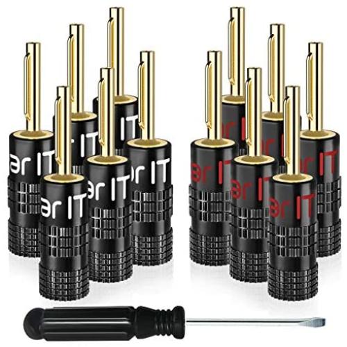 GearIT Banana Plug Connectors, Closed Screw, 24K Gold Plated, 6 Pairs, 12 Pieces