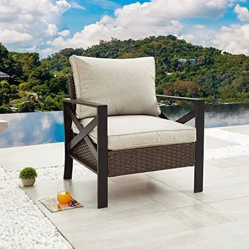 LOKATSE HOME Outdoor Patio Furniture Modern Wicker Sofa Chair Rattan Conversation Single Armchair with Cushion, Brown LOKATSE HOME Outdoor Patio Furniture Modern Wicker Sofa Chair Rattan Conversation Single Armchair with Cushion, Brown