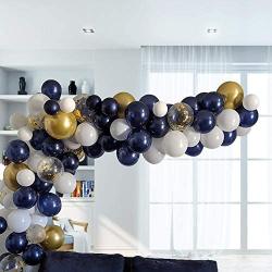 Balloon Arch Garland Kit, 107 Pieces, Navy Blue Balloons, Matte White Latex Balloon, Gold Metal Balloon, Gold Confetti Balloon, Great for Wedding Birthday Party Decorations