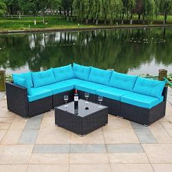 Amolife 7 Pieces Patio PE Rattan Sofa Chair Set Outdoor Sectional Furniture Black Wicker Conversation Set with Cushions and Tea Table