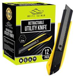 White Kaiman 12 Pack Utility Knife w/Retractable Razor Blades ~ Self Locking Handle and Snap Away Tool for Extended Life Blades ~ 18mm Blade Box Cutter (Yellow-Upgrade)