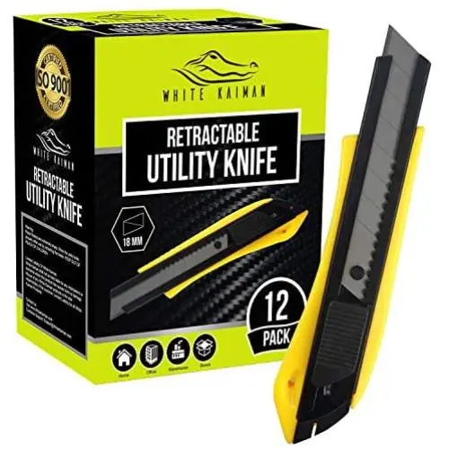 White Kaiman 12 Pack Utility Knife w/Retractable Razor Blades ~ Self Locking Handle and Snap Away Tool for Extended Life Blades ~ 18mm Blade Box Cutter (Yellow-Upgrade) White Kaiman 12 Pack Utility Knife w/Retractable Razor Blades ~ Self Locking Handle and Snap Away Tool for Extended Life Blades ~ 18mm Blade Box Cutter (Yellow-Upgrade)
