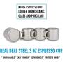 Stainless Steel Espresso Cups: Set of 4 Double Wall Insulated 3 Ounce Small Metal Cups with Handle, Shatterproof, Demitasse, Keeps Espresso Hot