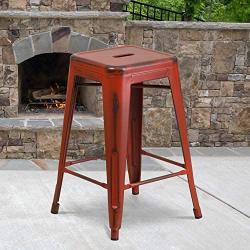 Flash Furniture Commercial Grade 24'' High Backless Distressed Kelly Red Metal Indoor-Outdoor Counter Height Stool