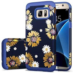 Fingic S7 Case,Galaxy S7 Cases for Women,Shinny Glitter Bling Floral Flower Sunflower Pattern Design Case with Rubber Hard PC Cover for Samsung Galaxy S7 2016 Release,Blue