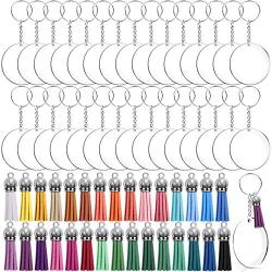 Duufin 120 Pcs Acrylic Transparent Circle Blanks Keychain Tassels Set Including 30 Pcs Acrylic Circle Disc(2 inches) 30 Pcs Key Rings with Chain 30 Pcs Jump Rings and 30 Pcs Craft Tassels