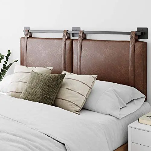 Nathan James Harlow Wall Mount Faux Leather or Fabric Upholstered Headboard, Adjustable Height Vintage Brown Straps with Black Matte Metal Rail, King Nathan James Harlow Wall Mount Faux Leather or Fabric Upholstered Headboard, Adjustable Height Vintage Brown Straps with Black Matte Metal Rail, King