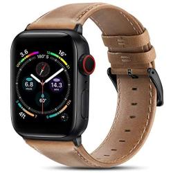 BRG Leather Bands Compatible with Apple Watch Band 44mm 42mm 40mm 38mm, Men Women Replacement Genuine Leather Strap for iWatch SE Series 6 5 4 3 2 1, Brown Band/Black Adapter, 40mm 38mm