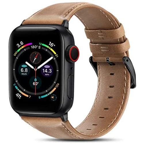 BRG Leather Bands Compatible with Apple Watch Band 44mm 42mm 40mm 38mm, Men Women Replacement Genuine Leather Strap for iWatch SE Series 6 5 4 3 2 1, Brown Band/Black Adapter, 40mm 38mm