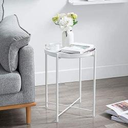 EKNITEY End Table,Folding Metal Side Table Waterproof Small Coffee Table Sofa Side Table with Removable Tray for Living Room Bedroom Balcony and Office (White)