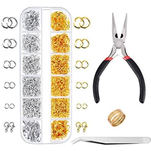 Paxcoo 1200Pcs Open Jump Rings and Lobster Clasps Jewelry Findings Kit with Pliers for Jewelry Making (Silver and Gold)
