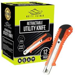 Utility Knife Retractable Heavy Duty Box Cutter w/ 2 Blade Per Set by White KaimanⓇ for Warehouse, Office, or Workshop Razor Knife - (12 Pack) Disposable Compact 18MM Retracting Utility Blade-Orange