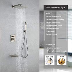 CHING Shower System Brushed Nickel Wall Mounted Shower Faucet Set with Waterfall Tub Spout and 10 Inch Rain Shower Head Rain Mixer Shower Faucet Combo Set All Metal (Brushed Nickel 10 Inch)