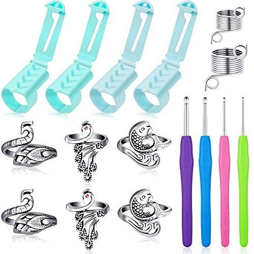 12 Pieces Knitting Loop Crochet Loop, Include 6 Adjustable Finger Loop Ring 2 Metal Yarn Guide Stainless Steel Thimble 4 Plastic Yarn Guide Finger Holder, with 4 Pieces Crochet Hook Needle for Knit