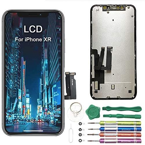 Adorabae iPhone XR Screen Replacement 6.1'' inch LCD COF with Back Plate Pre-Installed Small Part Ear Mesh Camera & Sensor Holder Touch Screen Digitizer Full Assembly Kit with Repair Tools