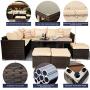 Outime 7 PCS Patio Furniture Outdoor Sectional Sofa，All Weather PE Brown Rattan Wicker Conversation Set with Khaki Cushion and Glass Table Top