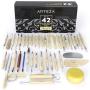 Arteza Pottery & Polymer Clay Tools, 42-Piece Sculpting Set, Steel Tip Tools with Wooden Handles, for Pottery Modeling, Smoothing, Carving & Ceramics