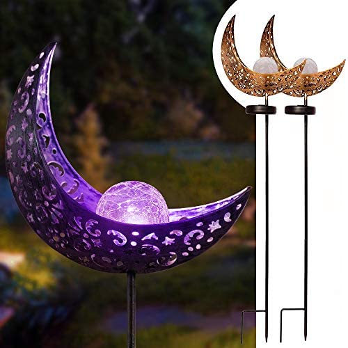 EOYIZW Garden Decor, (2 Pack) Solar Lights Outdoor Decorative, Waterproof Metal Moon Stake Light, Yard Decor Ornaments Lights Warm White LED for Lawn, Patio, Pathway -Purple