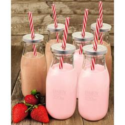 Estilo Dairy Reusable Glass Milk Bottles with Straws and Metal Screw on Lids (Set of 6), 10.5 oz, Clear