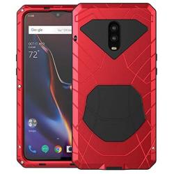 OnePlus 6T Case, 6T Phone Case, Armor Aluminum Alloy Metal Cover Heavy Duty Soft Rubber Shockproof Protective Military Bumper Outdoor OnePlus 6T for Men with Tempered Glass Feitenn - Red