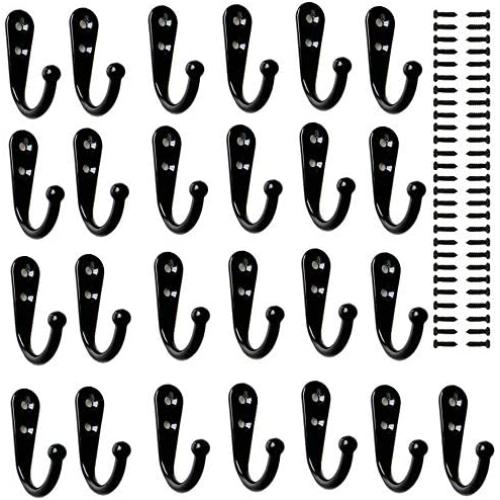 25 Pieces Wall Mounted Coat Hook Robe Hooks Cloth Hanger Coat Hanger Coat Hooks Rustic Hooks and 54 Pieces Screws for Bath Kitchen Garage Single Coat Hanger (Black Color)