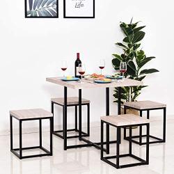 HOMCOM 5 Piece Dining Room Table Chair Set Square Board Steel Space Saving with Stools, Natural Wood Color