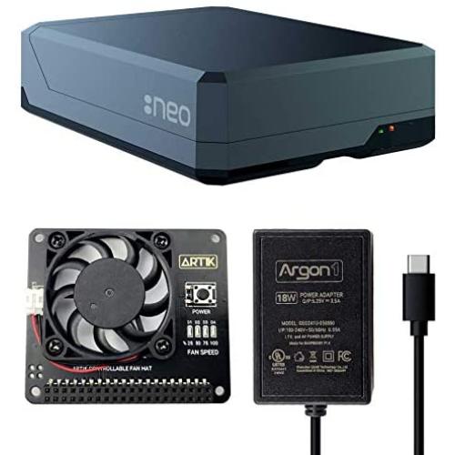 Argon NEO Raspberry Pi 4 Model B Heatsink Case with Fan HAT and Power Supply (Type-C) | Supports Cooling Fan, Camera, and LCD Display | GPIO and PoE Pins are Accessible