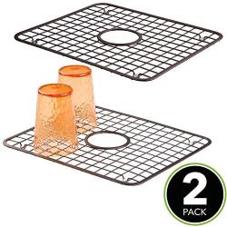 mDesign Modern Kitchen Sink Metal Dish Drying Rack/Mat with Center Drain Hole - Steel Wire Grid Design - Allows Wine Glasses, Mugs, Bowls and Dishes to Drain in Sink - 2 Pack - Bronze