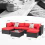 Walsunny 7pcs Patio Outdoor Furniture Sets,Low Back All-Weather Rattan Sectional Sofa with Tea Table&Washable Couch Cushions&Ottoman (Black Rattan)(Red)