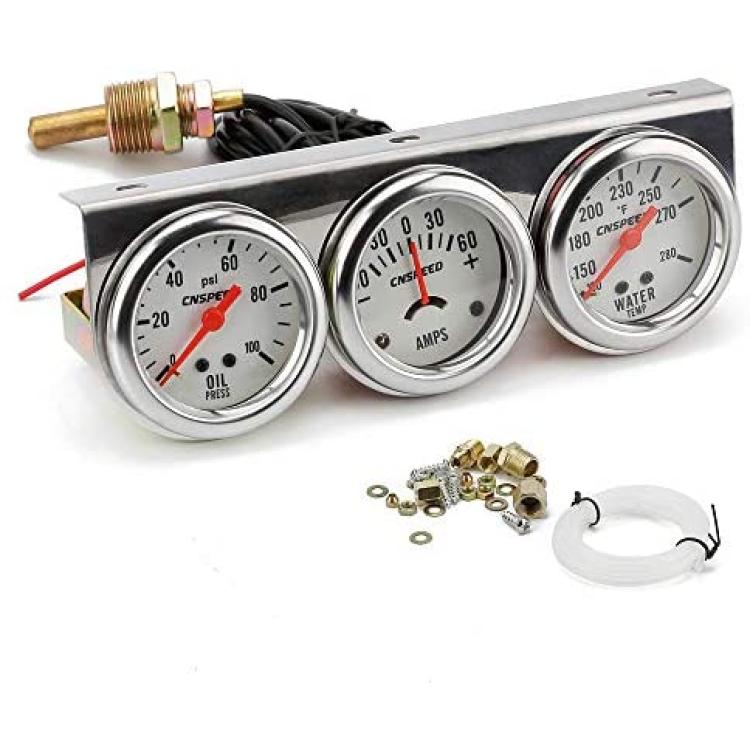 RYSJM 3-in-1 52mm Triple Gauge Kit – Volt, Water Temp, Oil Pressure – 12V, 1/8 NPT, Black Bezel
