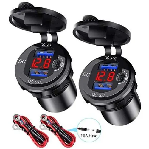 2-Pack Quick Charger 3.0 Dual USB Car Charger Socket with Voltmeter & Switch, Metal Waterproof 36W 12V Power Outlet Fast Charger for Car Boat Marine ATV Truck and More (Red) 2-Pack Quick Charger 3.0 Dual USB Car Charger Socket with Voltmeter & Switch, Metal Waterproof 36W 12V Power Outlet Fast Charger for Car Boat Marine ATV Truck and More (Red)