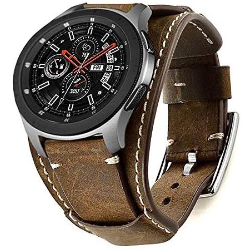 Leotop Compatible with Samsung Galaxy Watch 42mm/Galaxy Watch 3 41mm/Active 40mm/Active 2 40mm 44mm/Gear S2 Classic Bands 20mm Replacement Genuine Leather Cuff Strap with Metal Buckle Men Women (Coffe)