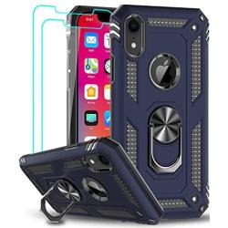 LeYi Compatible for iPhone XR Case with Tempered Glass Screen Protector [2Pack] for Women Men Teens, [Military-Grade] Protective Phone Case with Ring Kickstand for Apple iPhone XR 10 10 XR, Blue