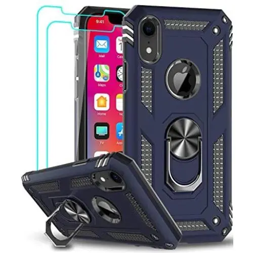 LeYi Compatible for iPhone XR Case with Tempered Glass Screen Protector [2Pack] for Women Men Teens, [Military-Grade] Protective Phone Case with Ring Kickstand for Apple iPhone XR 10 10 XR, Blue